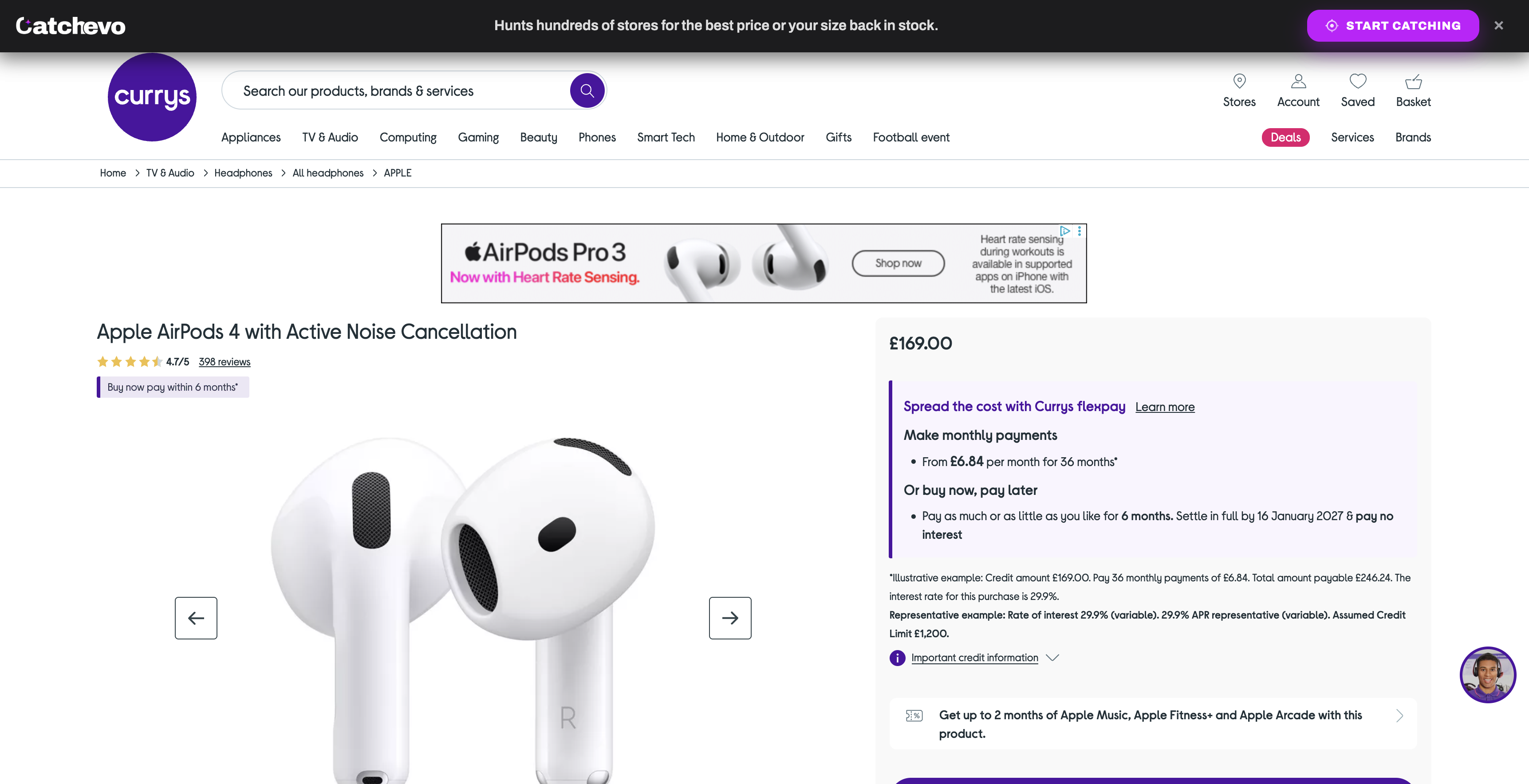 Catchevo extension banner sitting above a retailer product page