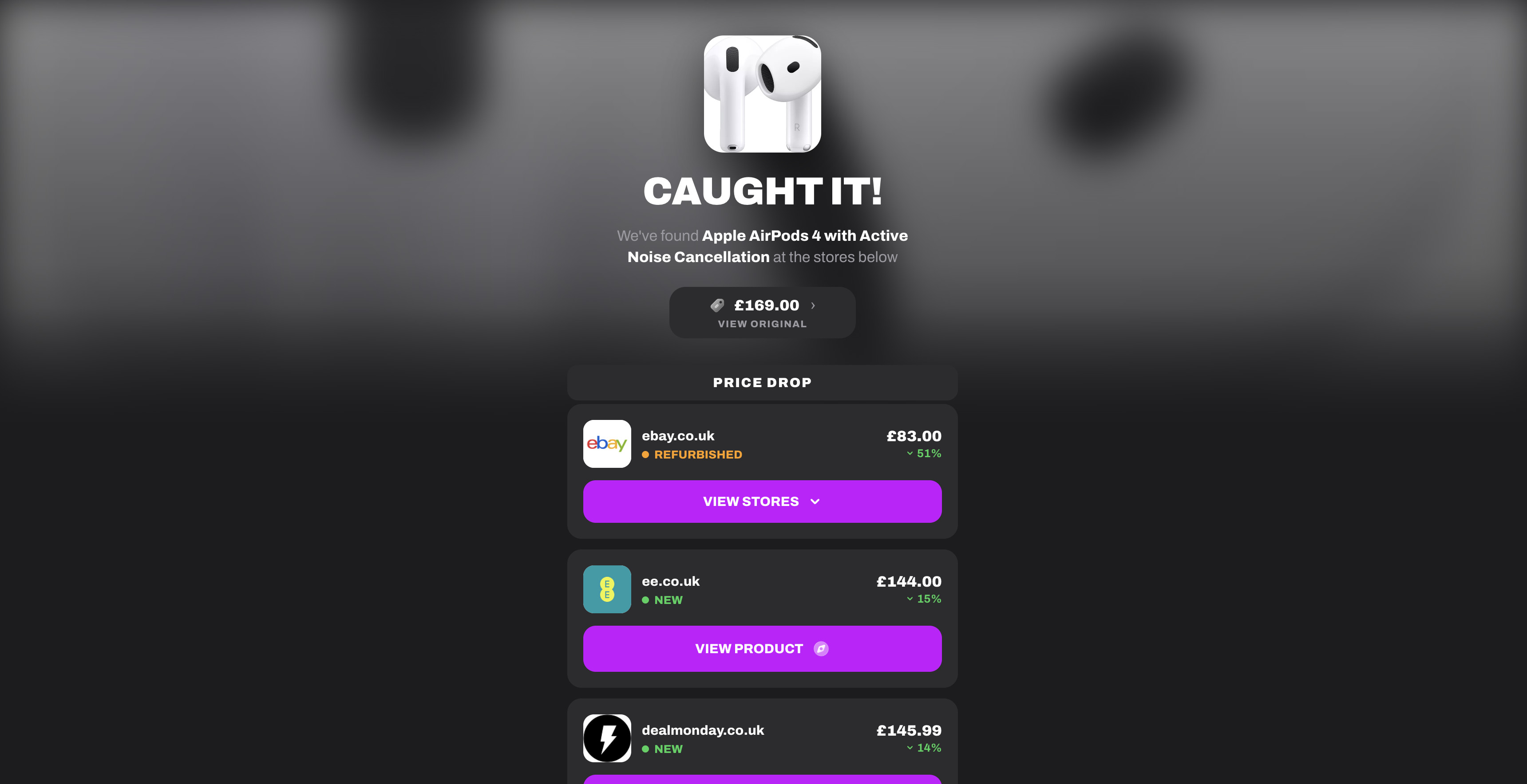 Catchevo Caught It results screen showing multiple retailers with prices